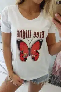 Тениска с Щампа на Пеперуда – Бяла – 5404-4