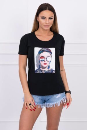 Тениска с щампа Момиче – Черна – 5405-1