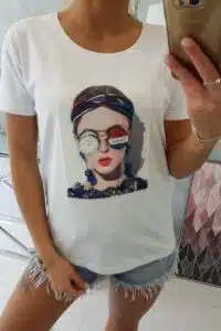 Тениска с щампа Момиче – Бяла – 5405-3