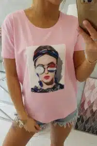 Тениска с щампа Момиче – Прахово розово – 5405-4