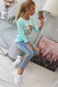Блуза с 3D графика на птица – Мента – 66798-1