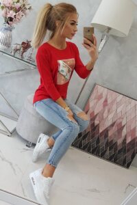 Блуза с 3D графика на птица – Червена – 66798-4