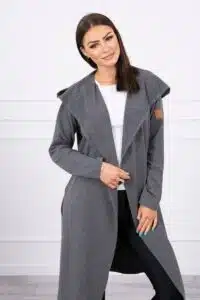 Дълго палто с качулка и джобове – Графит – 9077