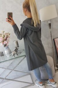 Дълго палто с качулка и джобове – Графит – 9077