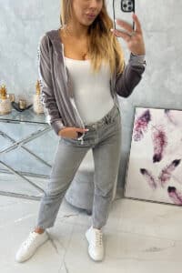 Велурен суитшърт с качулка – Сив – 9101-5