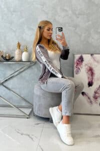 Велурен суитшърт с качулка – Сив – 9101-5