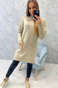 Дълъг Пуловер Поло – С Джобове – Бежов  – 2019-52-4