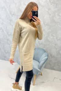 Дълъг Пуловер Поло – С Джобове – Бежов  – 2019-52-4