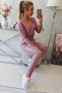 Комплект от суитшърт + панталон с декоративна лента – Тъмнорозов – 9240-9