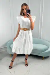 Италианска  рокля  с колан –  Бяла – 5997