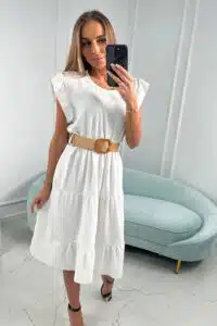 Италианска  рокля  с колан –  Бяла – 5997