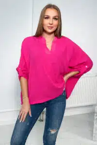 Свободна блуза с навити ръкави – Фуксия – 9448