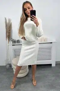 Комплект пуловер блуза + рокля в цвят екрю – SW2