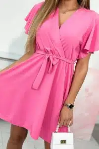 Розова разкроена рокля с колан – 53380-2
