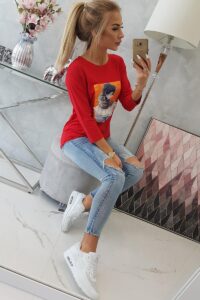 Блуза с 3D графики и дантела – Червена – 66799