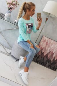 Блуза с 3D графика на котка с очила – Мента – 66805-1