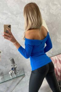 Еластична блуза с V-образно деколте – Синя – 9233-3