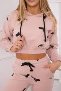 Комплект къса блуза + панталон с принт на пистолети – Тъмно прахообразно розово– 9244-4