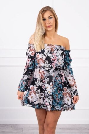 Рокля на цветя с открити рамене – Черна – 9264-2