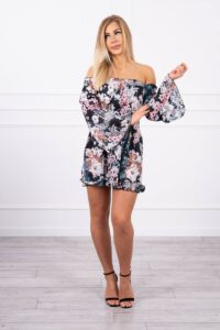 Рокля на цветя с открити рамене – Черна – 9264-2