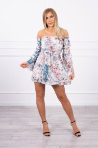 Рокля на цветя с открити рамене – Екрю  – 9264-5