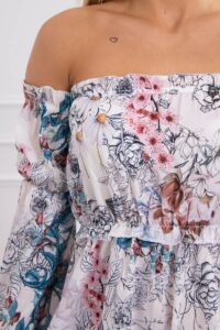 Рокля на цветя с открити рамене – Екрю  – 9264-5