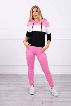 Спортен комплект на райета Блуза + Панталон – Екрю + Розово – 8877-9