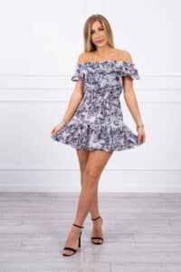 Цветна рокля с отворени рамене – Черна – 9252