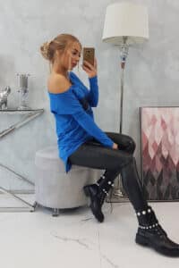 Блуза с щампа на око и по-дълъг гръб – Синя – 9315-4