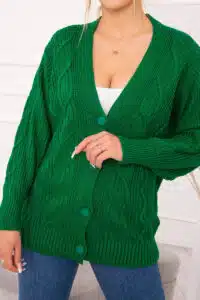 Плетен пуловер с копчета и широки ръкави – Зелен – 2022-2-1