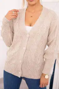 Плетен пуловер с копчета и широки ръкави – Бежов -2022-2-2