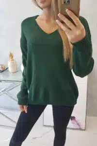 Пуловер С V-Образно Деколте – Тъмнозелен – 2020-15-5