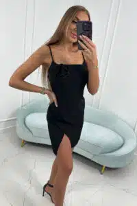 Елегантна Италианска къса рокля с декоративен елемент – Черно – 3249-1