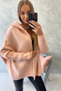 Модерен пуловер с качулка и тесни ръкави – Прахообразно розово – 2019-16