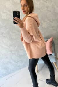 Модерен пуловер с качулка и тесни ръкави – Прахообразно розово – 2019-16