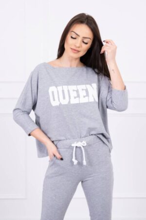 Комплект От 2 Части – Блуза + Панталон – С Надпис ” Queen” – Сив – 66977-9