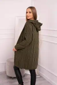 Плетен пуловер с качулка и джобове – Хаки – 2019-24-3