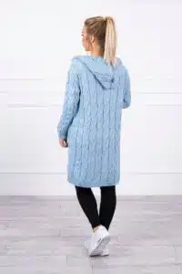 Плетен пуловер с качулка и джобове – Светлосин – 2019-24