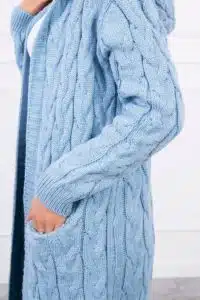 Плетен пуловер с качулка и джобове – Светлосин – 2019-24
