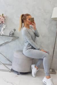Комплект Блуза + Панталон с декоративни камъни – Сив – 67831