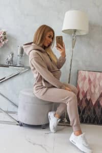 Ватиран комплект Суитшърт + Панталон с джобове – Бежов  – 9324-5