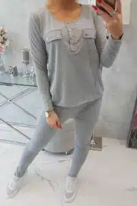 Комплект Панталон + Блуза С Деколте И Копчета – Сив – 3D-2