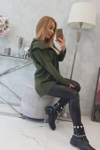 Топъл Суитшърт С Удължен Гръб – Качулка И Джобове – Каки – 68652-2