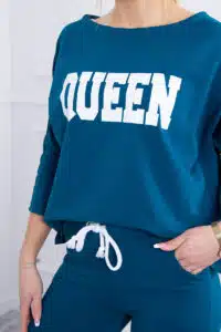 Комплект От 2 Части – Блуза + Панталон – С Надпис ” Queen” – Тъмносин – 66977-1