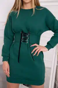 Къса рокля с  дълъг ръкав и декоративен колан – Тъмнозелено – 9362