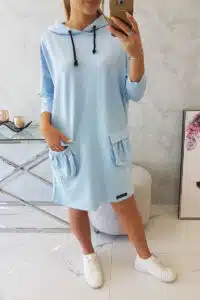 Ежедневна къса рокля с качулка и джобове – Синьо – 9350