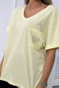 Памучна Блуза С Джоб И V-Образно Деколте – Жълт – 7110-4