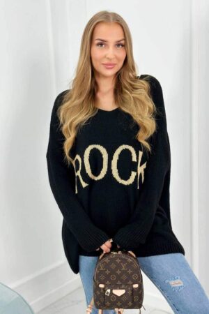 Италиански пуловер със свободна кройка и надпис “ROCK” – Черно – IT-3-1