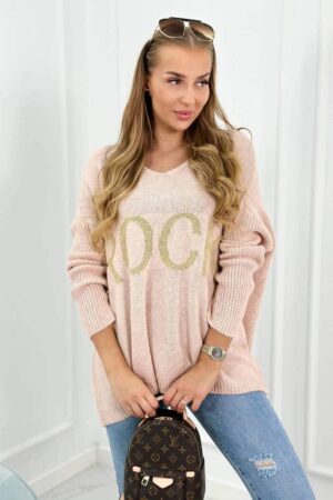 Италиански пуловер със свободна кройка и надпис “ROCK” – Прахово розово – IT-3-7