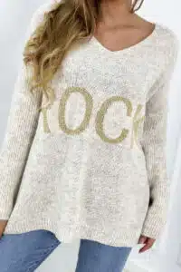 Италиански пуловер със свободна кройка и надпис “ROCK” – Светлобежов – IT-3-4